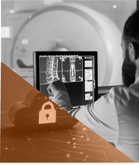 A healthcare professional examining and pointing to an X-ray